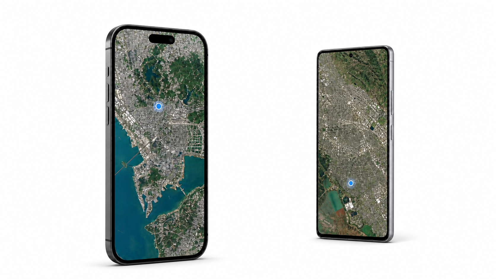 相互分开的iPhone与Android，分别显示深圳和硅谷卫星地图